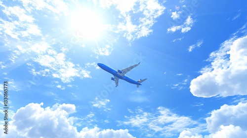 Airplane soaring through a vibrant blue sky filled with fluffy white clouds. Sunlight shines brightly