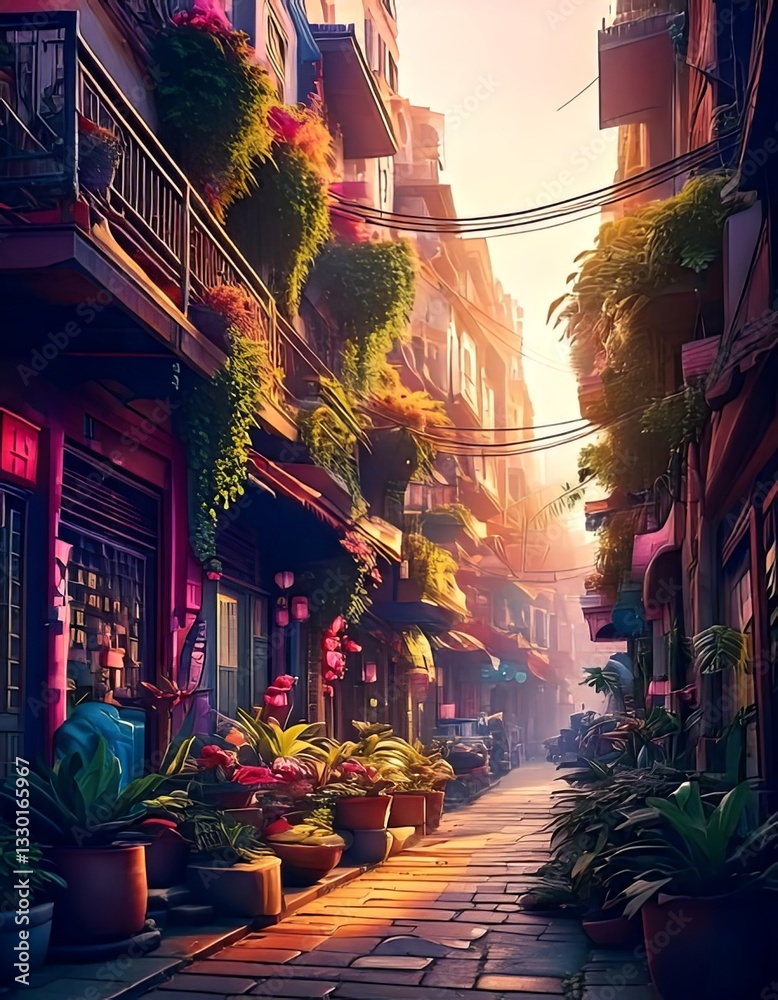 Naklejka premium A beautifully detailed digital painting of a sunlit alleyway adorned with lush greenery, traditional architecture, and an inviting, peaceful atmosphere.
