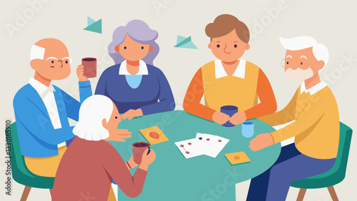 A group of seniors sits around a table playing a friendly game of cards while sharing memories of the card games they used to play with their friends and family.. Vector illustration