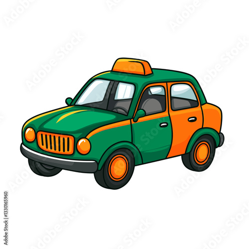 Cartoon illustration in green and orange of a taxi.