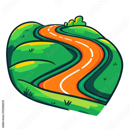 Winding road on green hills in illustrative style with bright colors for travel.