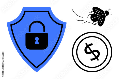 Blue security shield with a padlock represents digital protection, bug signifies cybersecurity vulnerabilities, and dollar sign symbolizes financial transactions. Ideal for technology, security