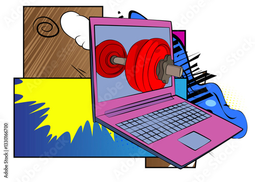 Cartoon Laptop, comic book Notebook with Dumbbell. Retro vector comics pop art design.