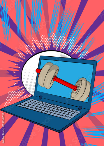 Cartoon Laptop, comic book Notebook with Dumbbell. Retro vector comics pop art design.