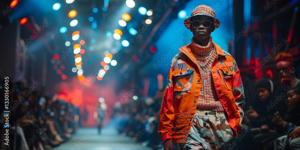 A model walks the runway in a bold, urban outfit featuring a vibrant orange jacket, patterned knitwear, and camo pants A model walks the runway in a bold, urban outfit featuring a vibrant orange jacket, patterned knitwear, and camo pants