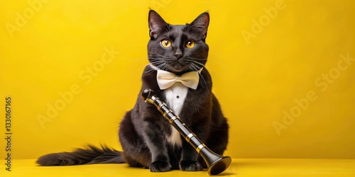 Fototapeta Naklejka Na Ścianę i Meble -  Black Cat Clarinet Player - Funny Pet Music Photo - Yellow Background