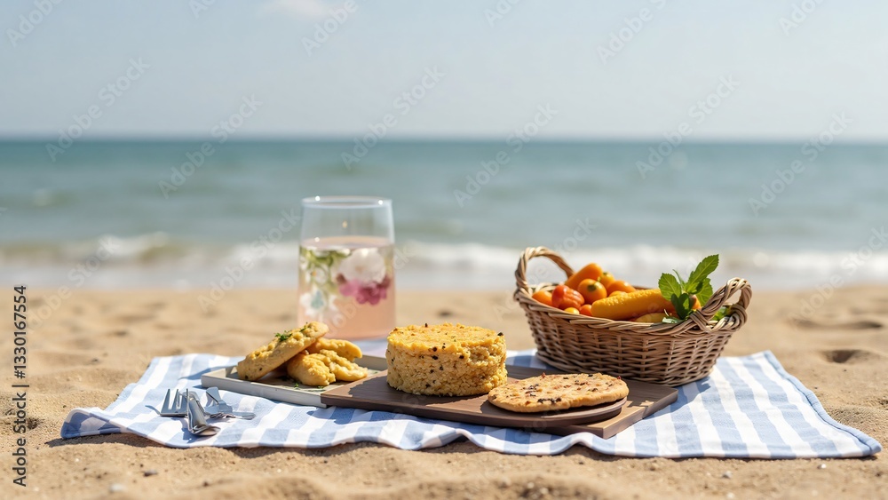 Serene Beach Picnic Delicious Food and Refreshing Drinks by the Ocean Serene Beach Picnic Delicious Food and Refreshing Drinks by the Ocean