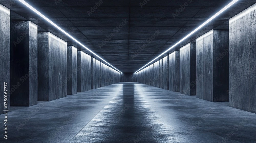 Underground Tunnel with Dark Concrete and LED White Lights Underground Tunnel with Dark Concrete and LED White Lights