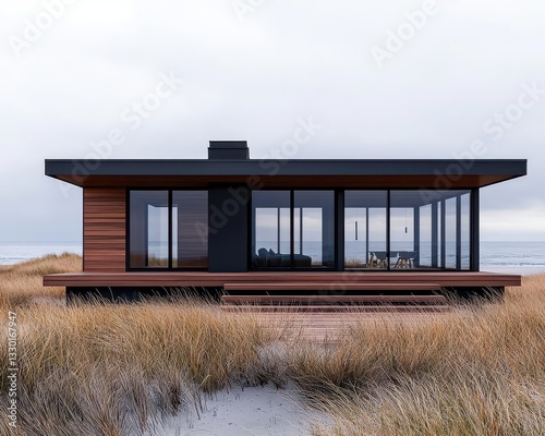 Sustainable beach house with minimalist wood and glass architecture, solar energy, and natural ventilation, Sustainable Architecture Minimalist, coastal sustainability
