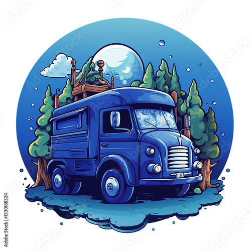 Blue Van Under the Moonlight in the Forest