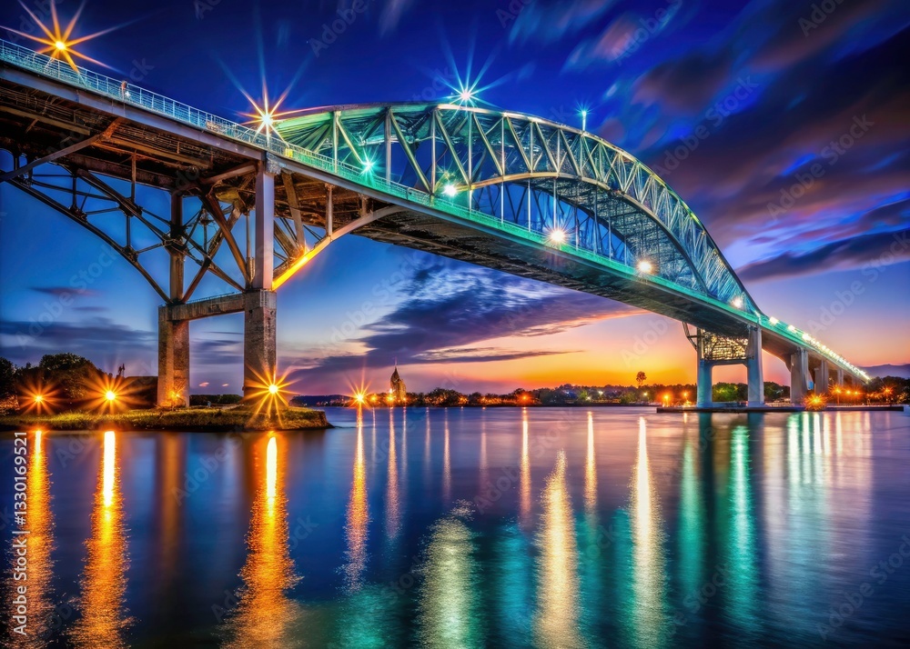 Fototapeta premium Blue Water Bridge Night Photography, St. Clair River, Port Huron, Sarnia, Canada, Low Light, Night Scene, Bridge Crossing
