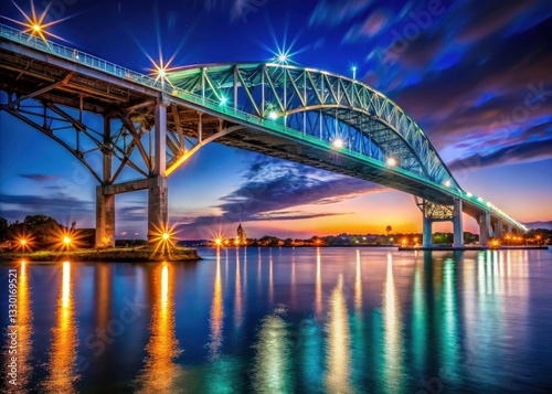 Blue Water Bridge Night Photography, St. Clair River, Port Huron, Sarnia, Canada, Low Light, Night Scene, Bridge Crossing