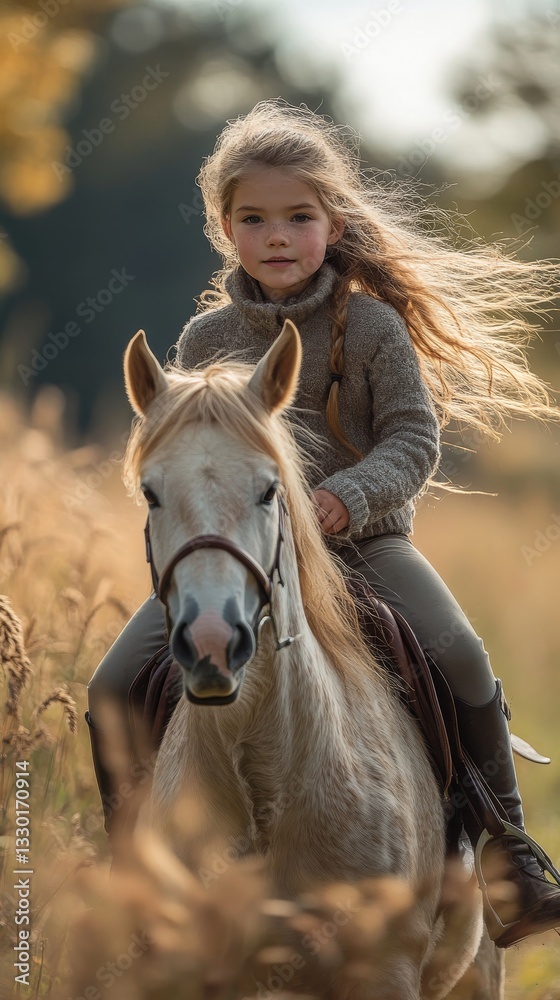 Fototapeta premium Girl rides a pony through a golden field with tall grass brushing against her boots during a sunny afternoon