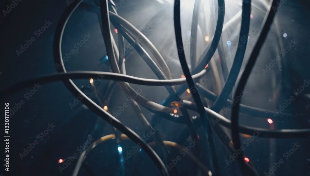 Dramatic macro view of tangled dusty cables with blinking led lights behind office desk Dramatic macro view of tangled dusty cables with blinking led lights behind office desk