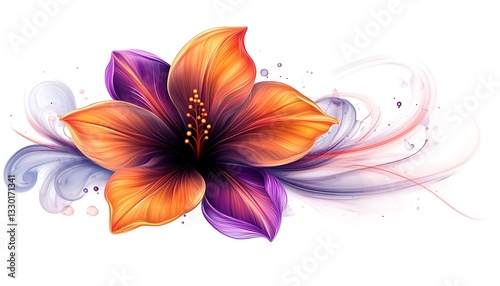 Orange and purple lily with abstract swirls.