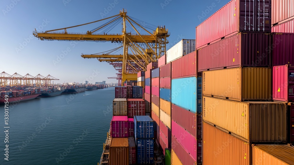 Fototapeta premium cargo ship Aerial view of a large cargo ship loaded with colorful shipping containers while docked at a busy port. The image highlights maritime commerce and logistics.