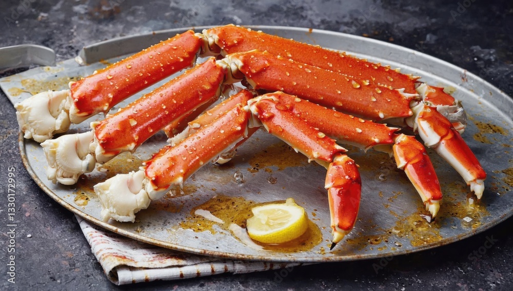 Gourmet cuisine seafood dish: hot alaskan king crab legs with lemon on rustic metal plate Gourmet cuisine seafood dish: hot alaskan king crab legs with lemon on rustic metal plate
