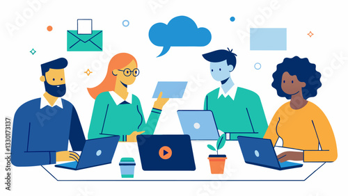 A sketch of a group of coworkers having a productive meeting with no distractions from emails or notifications on their devices.. Vector illustration