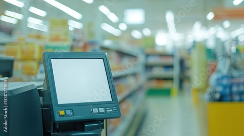 Wallpaper Mural Close-up of a blank POS screen at a grocery checkout, waiting for customer interaction. The softly blurred supermarket aisles create context. Torontodigital.ca