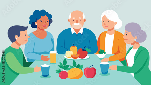 A group of seniors sit around a table as a dietitian explains the importance of incorporating fruits and vegetables into their weekly meal planning for optimal health.. Vector illustration