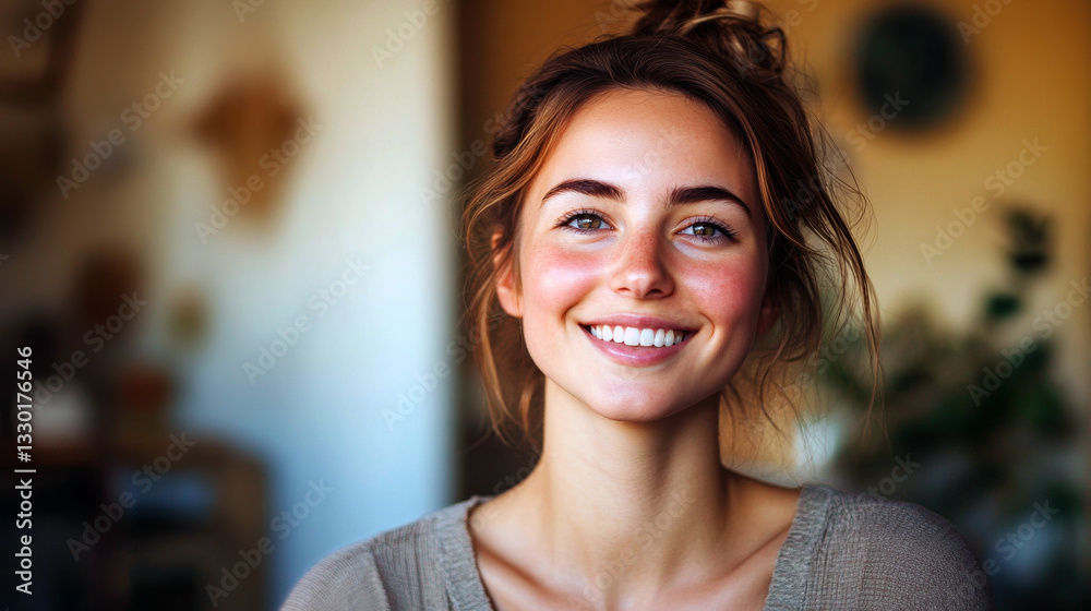 Smiling caucasian young female with natural makeup and casual hairstyle indoors. Smiling caucasian young female with natural makeup and casual hairstyle indoors.