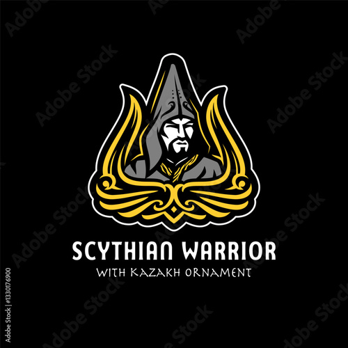Illustration of Scythian Nomad Warrior with ancient ornament. Historical design Badge.