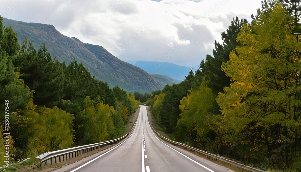 Fototapeta premium A scenic road stretching through a lush green forest, flanked by towering pine trees and vibrant autumn foliage, leading toward misty mountains in the distance under an overcast sky.