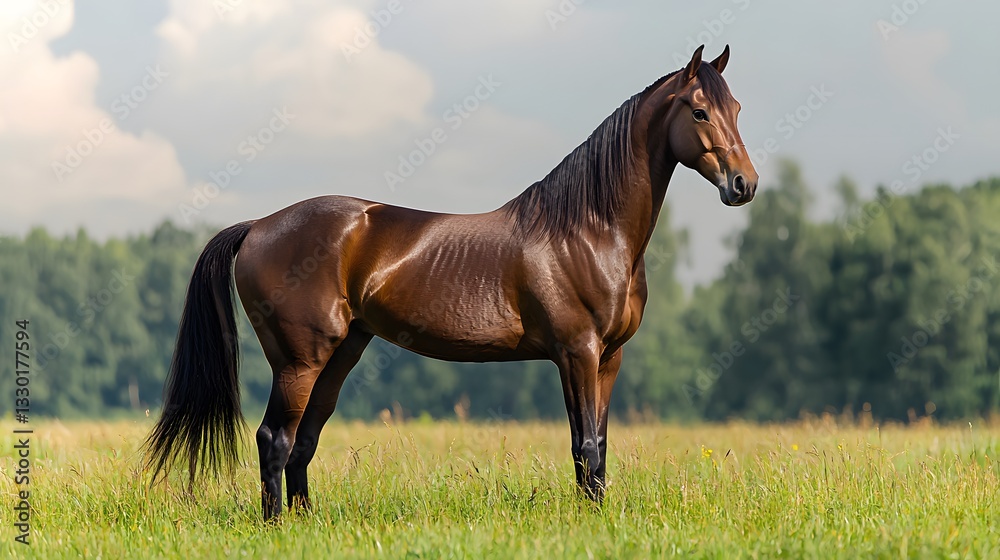 Majestic stallion stands proudly in a lush green meadow during daytime. Generative AI Majestic stallion stands proudly in a lush green meadow during daytime. Generative AI