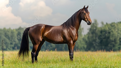 Majestic stallion stands proudly in a lush green meadow during daytime. Generative AI