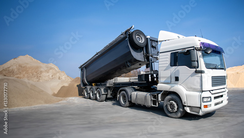 A large white semi truck is parked in a dirt lot
