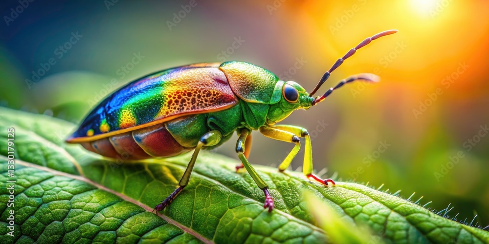 Naklejka premium Colorful Insect Macro Photography: Close-up Green Leaf Sunlight Nature Bug Wildlife