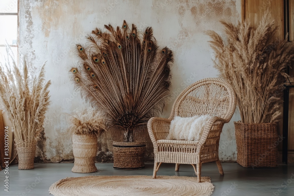 Obraz premium Rustic bohemian style interior decoration with dried plants and furniture