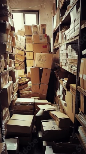 Cluttered storage area filled with stacked boxes and disorganized materials in a dimly lit space
