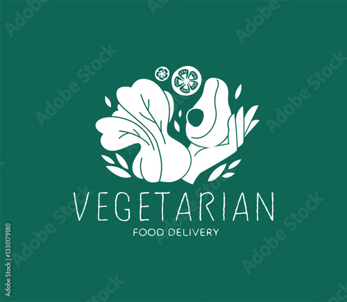 Green Vegan Vegetarian Food Logo Badge. Veggies in hand Illustration. Lettuce salad Avocado Tomatoes Icons. Healthy Food Delivery, Restaurant,  Business Emblem. Elegant Classy Delicate Vibe.