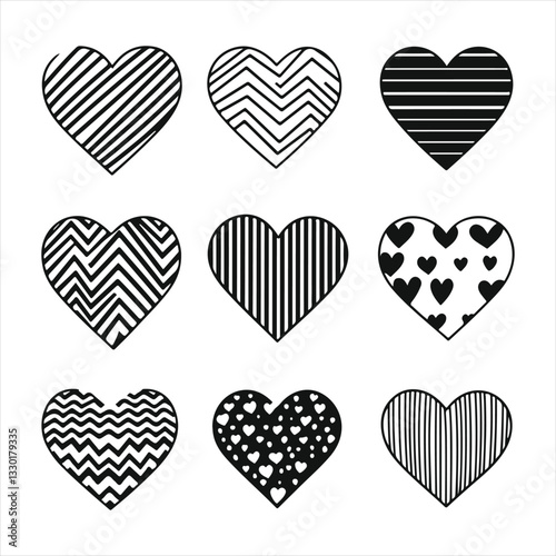 Black and white hearts icon set, hand-drawn patterns, geometric designs, textured hearts, zigzag lines, striped hearts, scribbled hearts, minimalist heart shapes, clustered small hearts