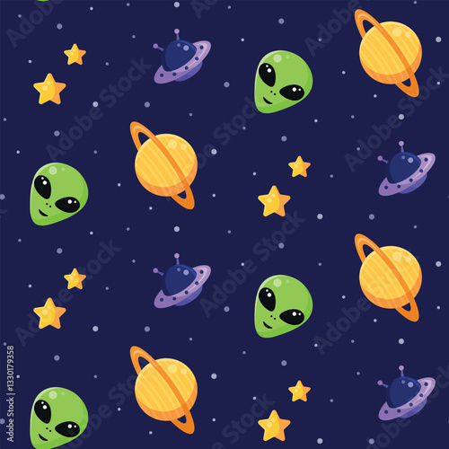 Seamless cosmic pattern with alien, planet, stars and UFO  on dark blue background. Space backdrop. Flat design. Cartoon style. Pattern for kids. Vector illustration.