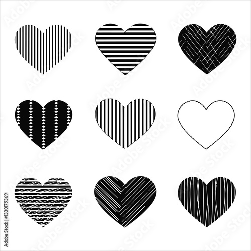 Black and white hearts icon set, hand-drawn patterns, geometric designs, textured hearts, zigzag lines, striped hearts, scribbled hearts, minimalist heart shapes, clustered small hearts