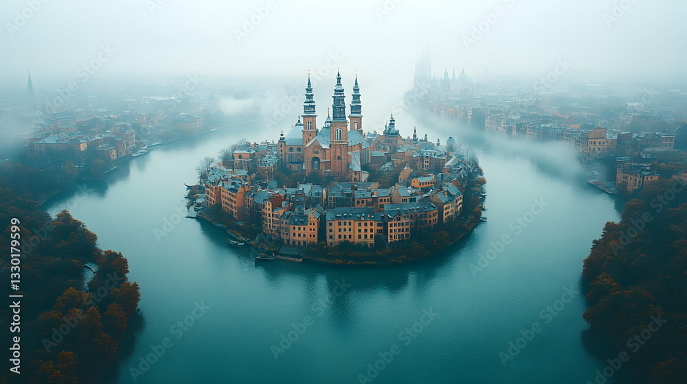 Obraz premium Misty Island Cityscape