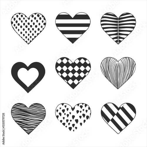 Black and white hearts icon set, hand-drawn patterns, geometric designs, textured hearts, zigzag lines, striped hearts, scribbled hearts, minimalist heart shapes, clustered small hearts