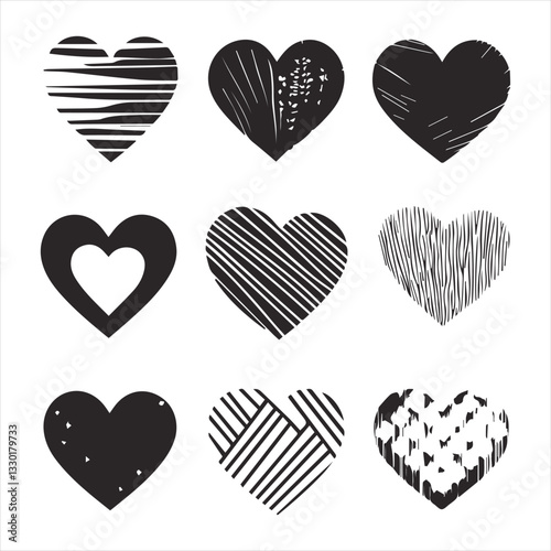 Black and white hearts icon set, hand-drawn patterns, geometric designs, textured hearts, zigzag lines, striped hearts, scribbled hearts, minimalist heart shapes, clustered small hearts