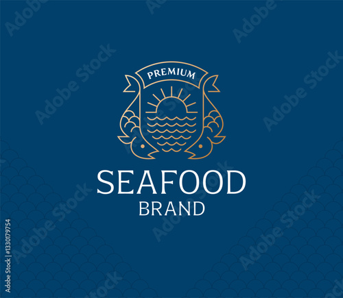 Premium Seafood Heraldic Logo. Fish Sea Ocean Sun Icons. Fish Emblem. Seafood Brand Badge. Fancy Sea Food Restaurant Logo.