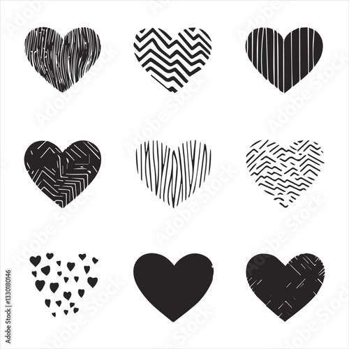 Black and white hearts icon set, hand-drawn patterns, geometric designs, textured hearts, zigzag lines, striped hearts, scribbled hearts, minimalist heart shapes, clustered small hearts