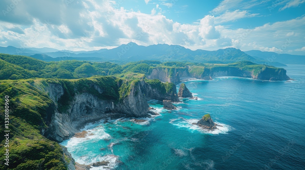 Fototapeta premium Coastal cliffs and ocean waves. Green plants grow atop rocks with mountains and clouds in background. Beautiful landscape with blue water. Peaceful and scenic nature view.