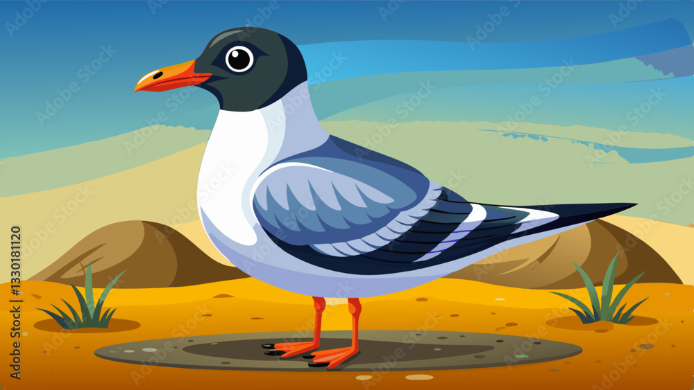 Obraz premium A black-headed gull stands on a sandy surface in a desert-like environment with distant hills and sparse vegetation under a clear blue sky