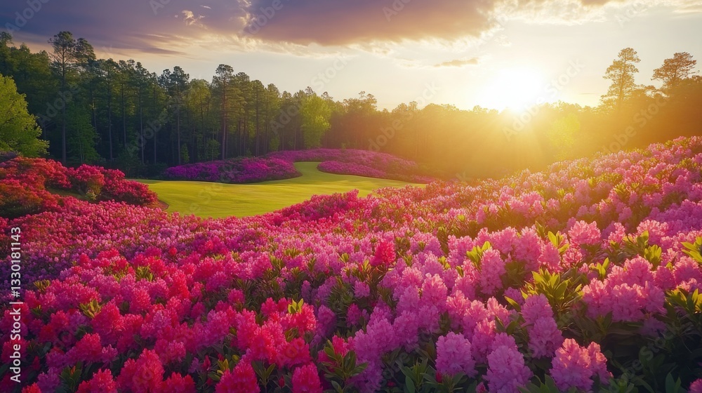 Vibrant pink rhododendron blossoms bloom in a lush green garden. The warm sun shines brightly over the beautiful spring landscape. Vibrant pink rhododendron blossoms bloom in a lush green garden. The warm sun shines brightly over the beautiful spring landscape.