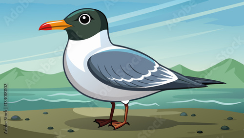 Elegant seagull with a black head and red-tipped beak standing on a sandy shore against a tranquil coastal landscape with mountains in the distance
