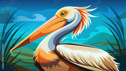 Elegant pelican with a long vibrant beak and detailed feathers, set against a stylized wetland landscape with a deep blue sky