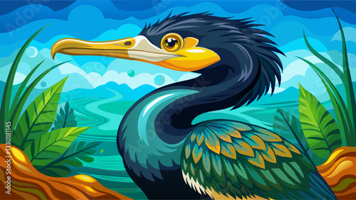 Majestic cormorant with a striking yellow beak and iridescent feathers, perched near a winding river surrounded by lush tropical vegetation