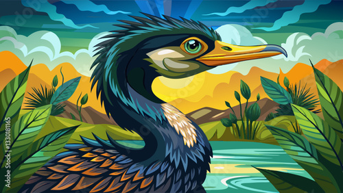 Majestic cormorant with striking dark feathers and a sharp beak, perched near a serene wetland with lush vegetation and a golden sunset in the background