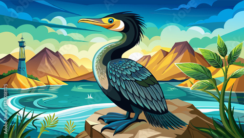 Majestic cormorant perched on a rocky shore, overlooking a vibrant coastal landscape with a lighthouse, mountains, and a flowing river under a dynamic sky